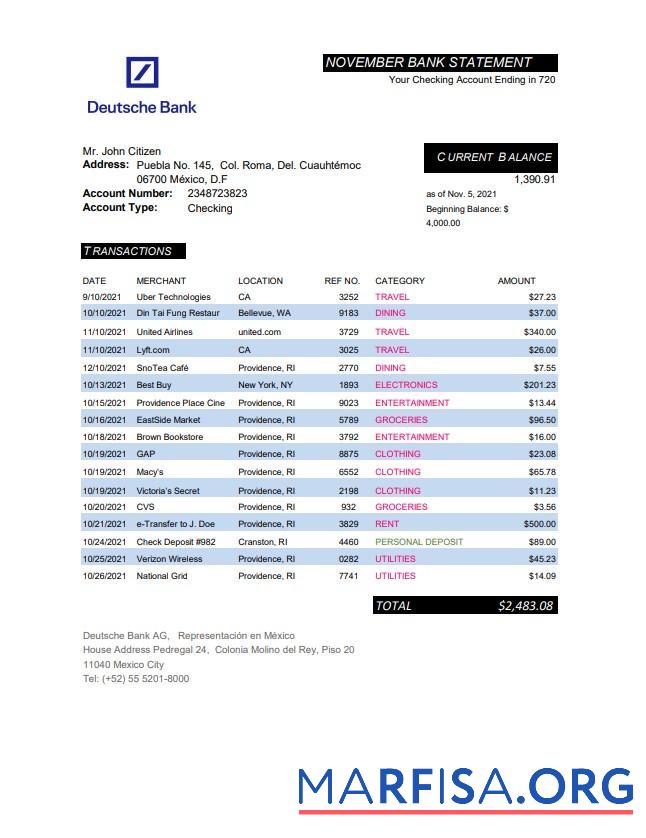 Blank Mexico Deutsche bank statement excel template